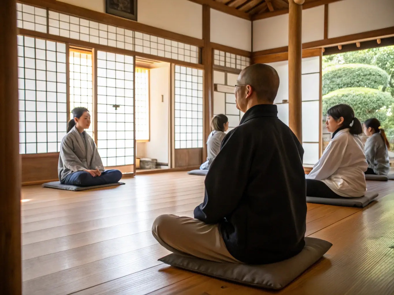 A serene image of students participating in a meditation session as part of their martial arts training at CLUB JUDO ET D'ARTS MARTIAUX DE MASSIAC, emphasizing mental discipline and focus.