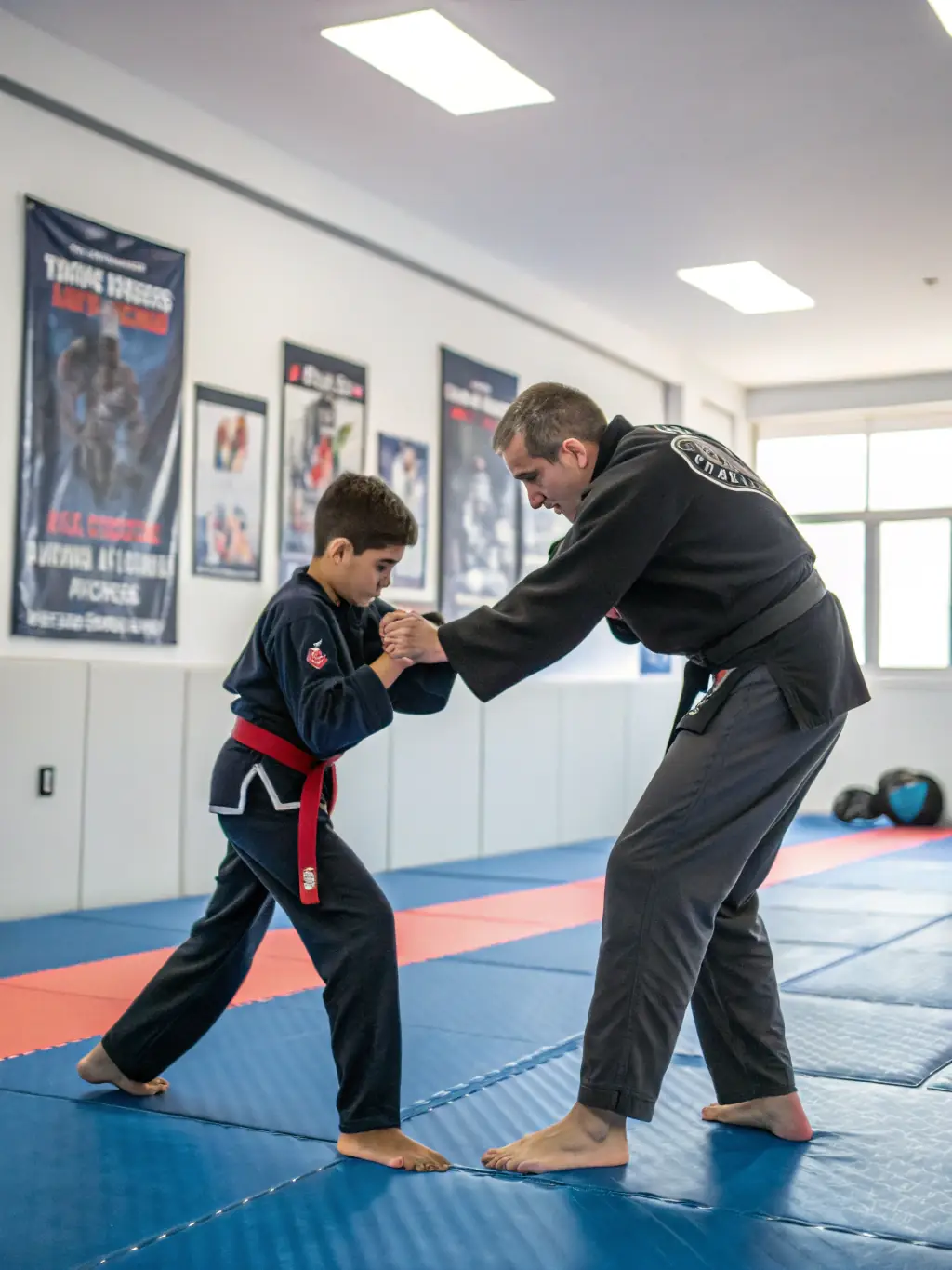 A heartwarming image of a senior instructor at CLUB JUDO ET D'ARTS MARTIAUX DE MASSIAC guiding a younger student, symbolizing the mentorship and moral development fostered within the club.