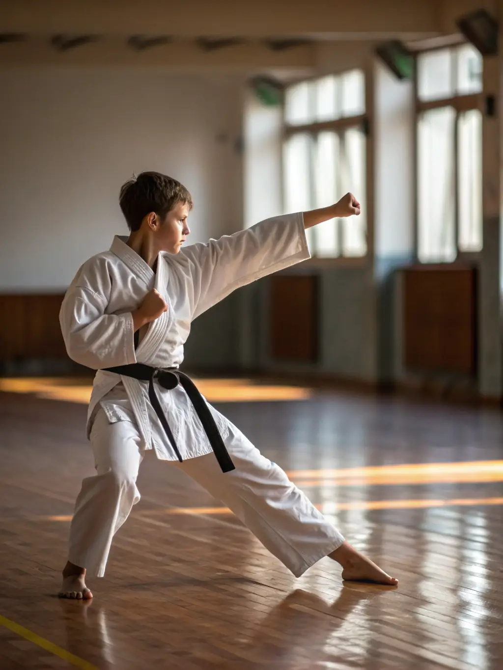 A focused image of a young martial artist in a gi, standing in a disciplined posture, reflecting the mental fortitude and respect cultivated at CLUB JUDO ET D'ARTS MARTIAUX DE MASSIAC.