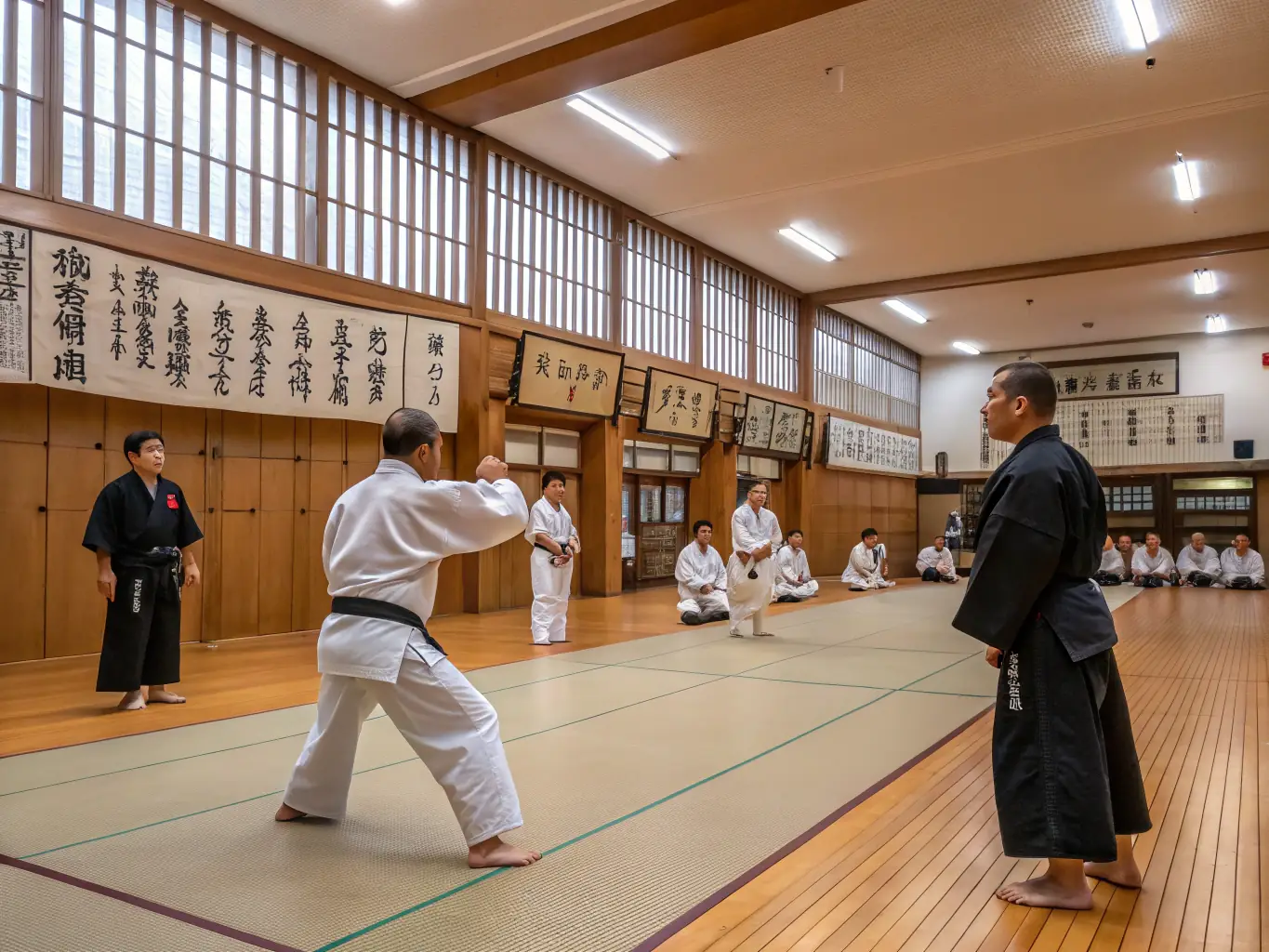 A focused image of adult students practicing a variety of martial arts techniques at CLUB JUDO ET D'ARTS MARTIAUX DE MASSIAC, demonstrating their dedication and skill.