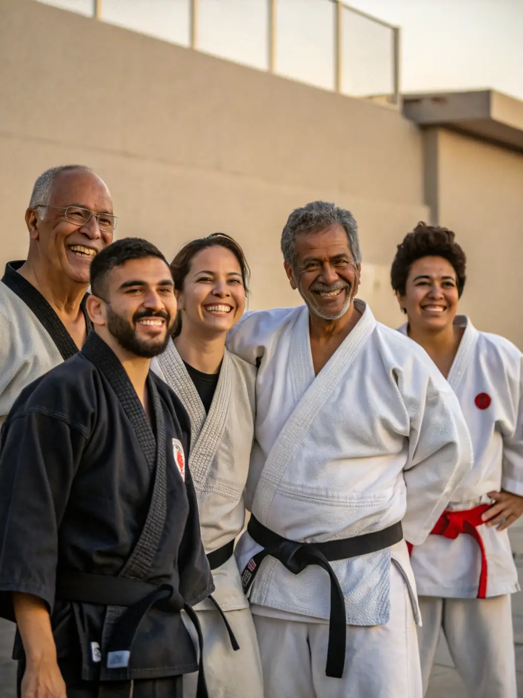 A group photo of CLUB JUDO ET D'ARTS MARTIAUX DE MASSIAC members of all ages and skill levels, smiling and supporting each other, highlighting the community and camaraderie.
