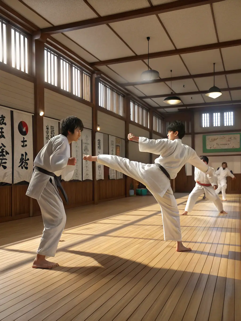 A dynamic action shot of judo students practicing throws and grappling techniques during a training session at CLUB JUDO ET D'ARTS MARTIAUX DE MASSIAC, showcasing the physical activity and energy of the sport.