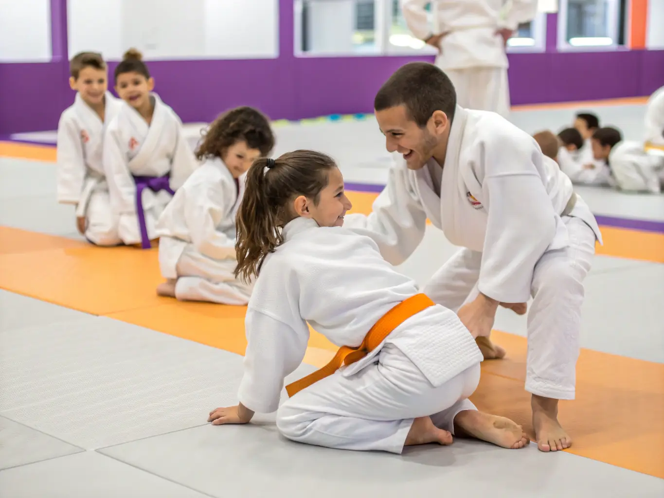 A dynamic shot of children practicing Judo techniques during a class at CLUB JUDO ET D'ARTS MARTIAUX DE MASSIAC, showcasing their agility and focus.